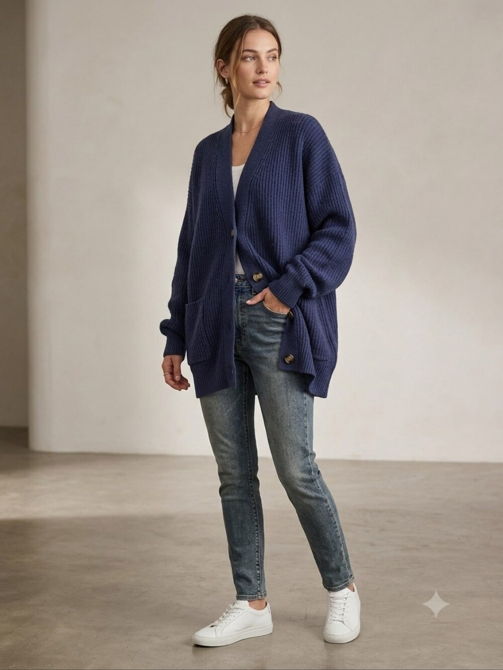aerie Navy Ribbed Button Cardigan with Pockets Oversized M Soft
